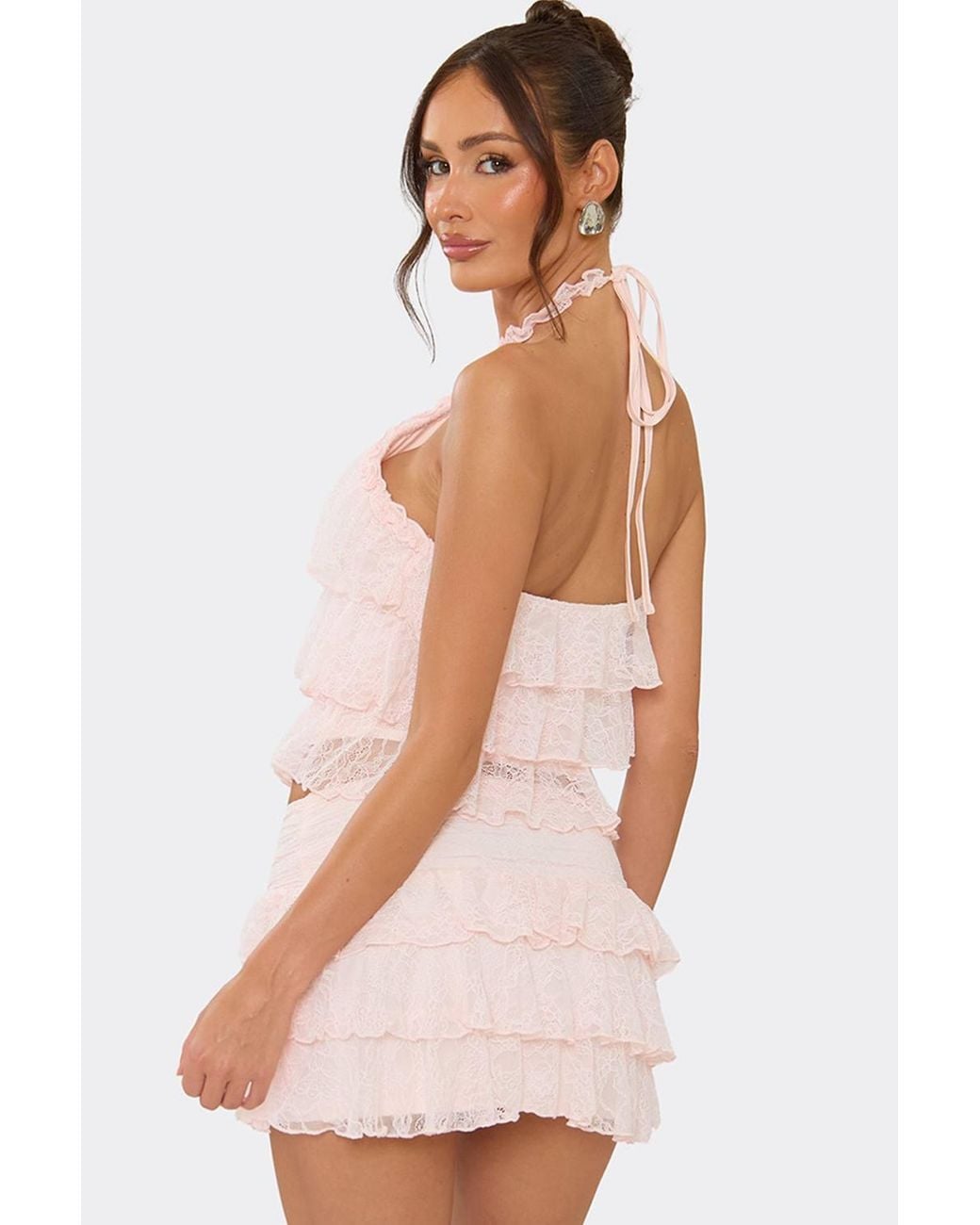 EGO Pink Sleeveless Halter Neck Tiered Lace Top