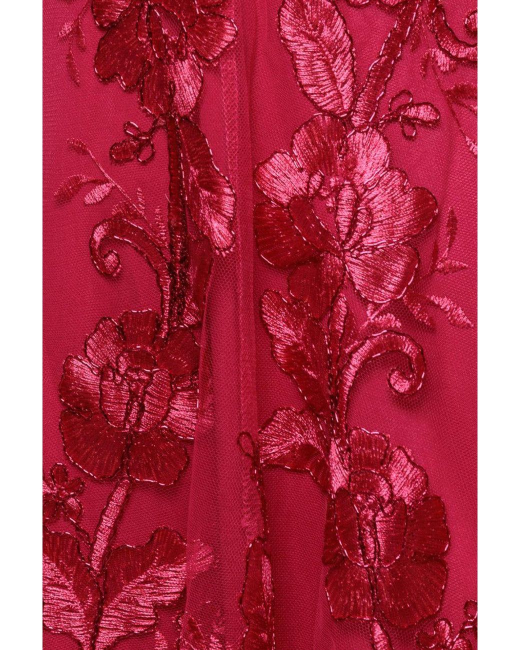 Goddiva Scalloped Neck Embroidered Lace High Low Midi Dress