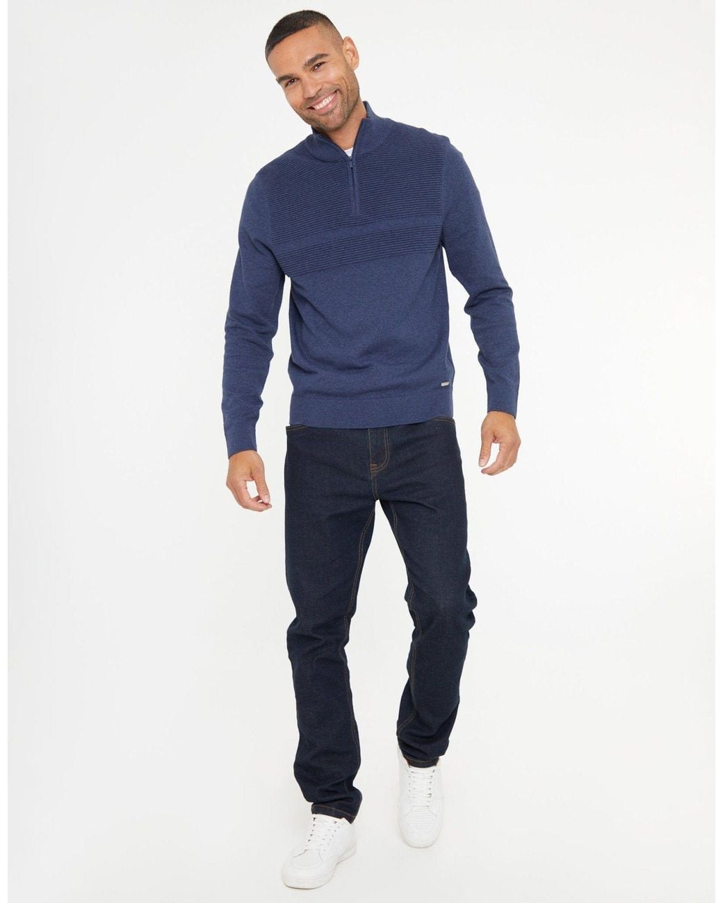 Threadbare Blue Rib Detail Knitted Quarter Zip Jumper for men