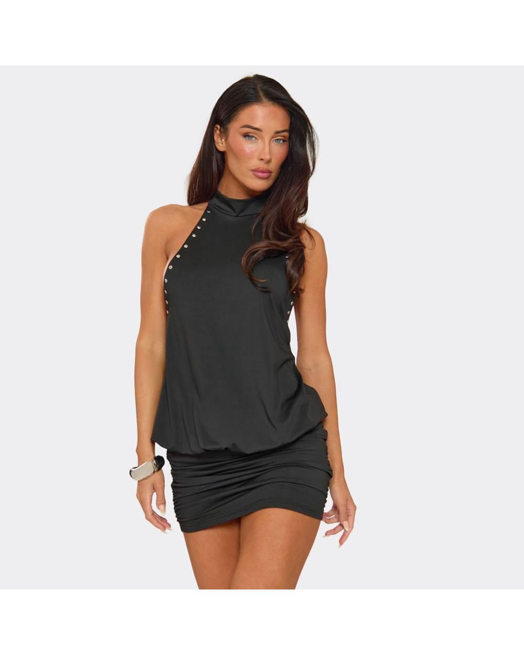 EGO Black Blouson Style Sleeveless Studded Mini Dress