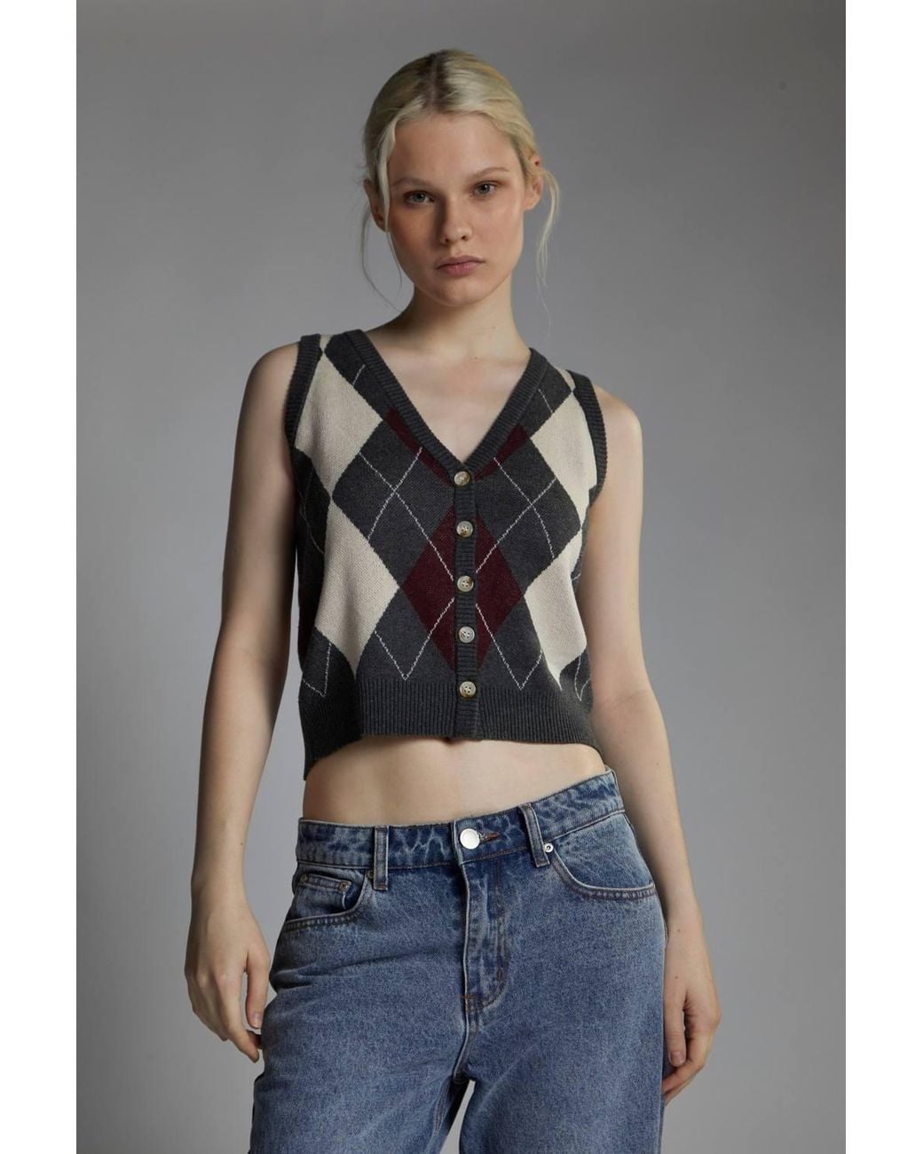 Shnoo Gray Button-Front-Vest Crop-Top