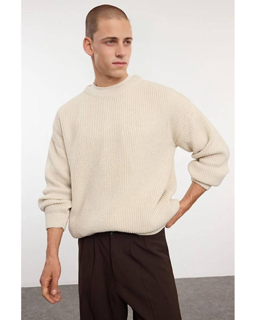 WOVCOR Natural Crew Neck Knit Sweater for men