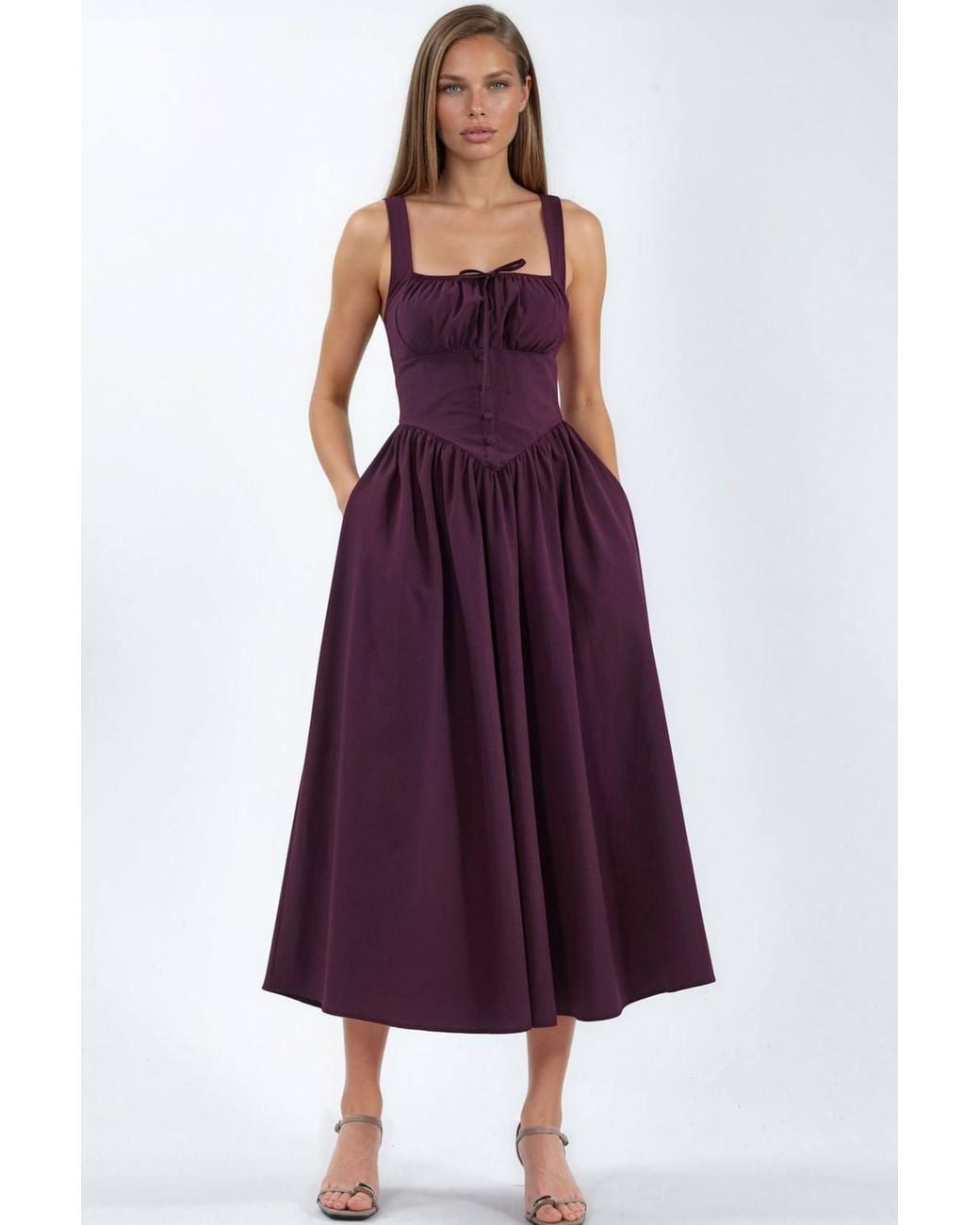Busem Purple Midi Dress With Square Collar & Button Detail
