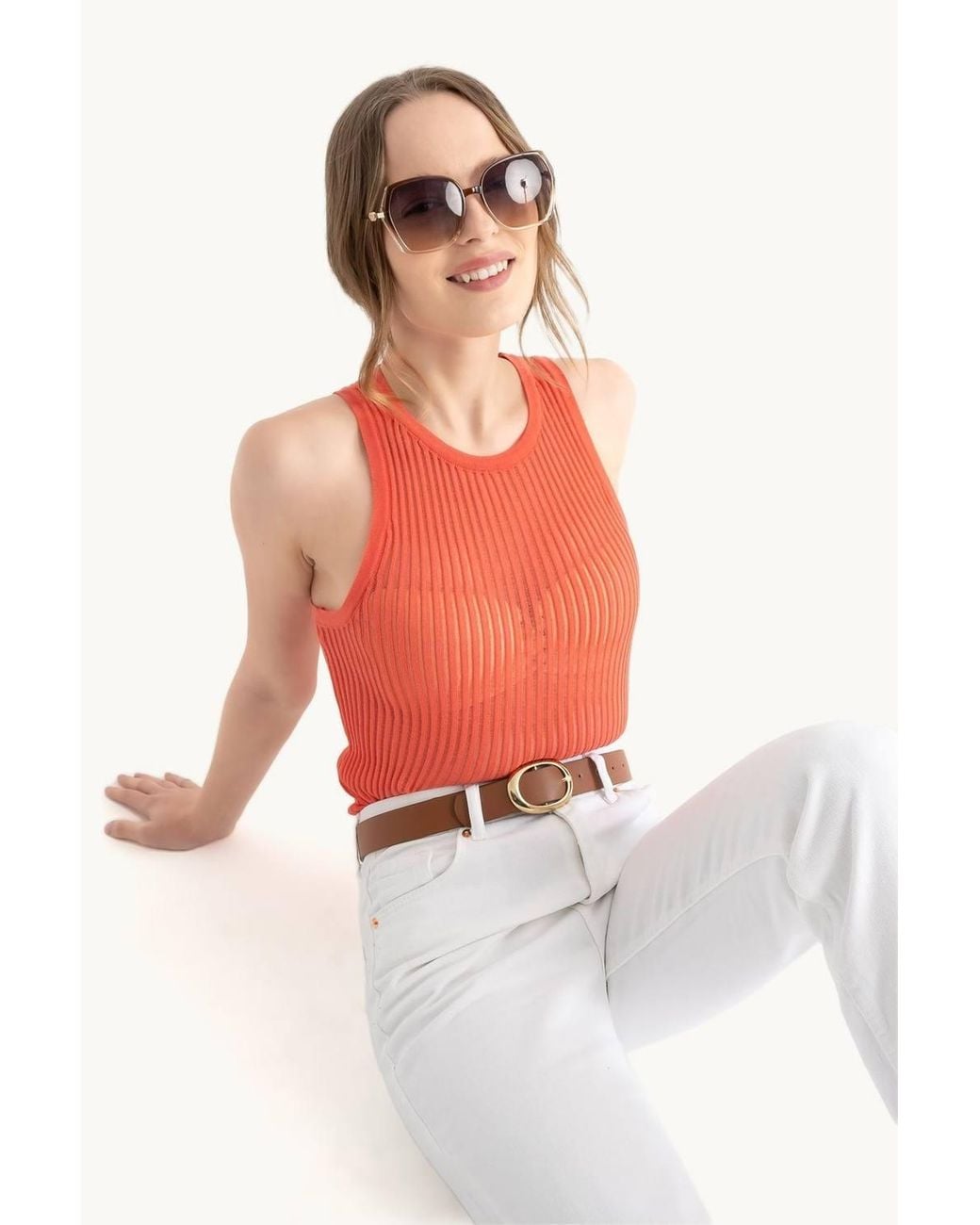 Hiccup Red Round Neck Ribbed Mesh Tank Top