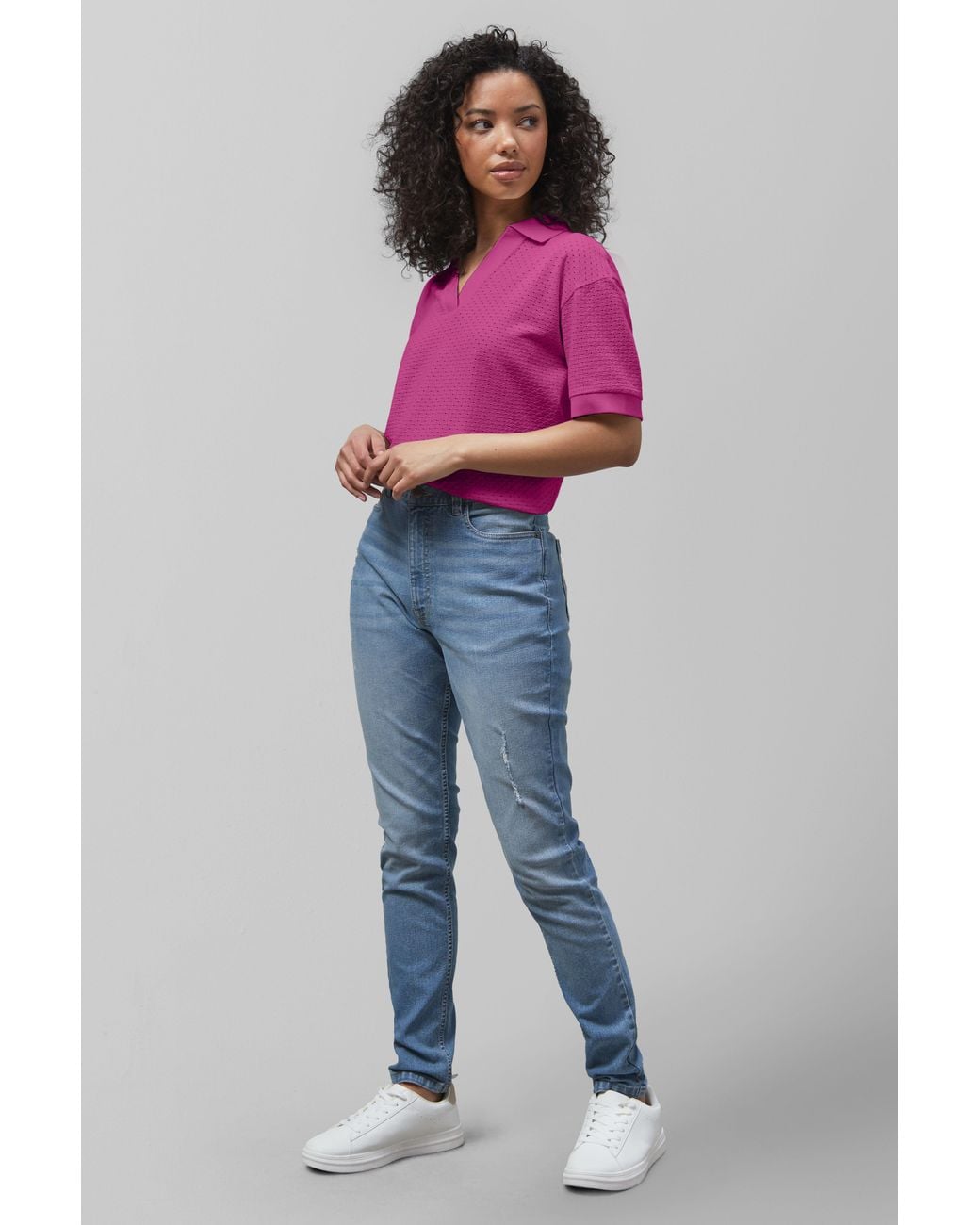 Enorsia Pink Cotton Rich Broderie V-Neck Polo Shirt