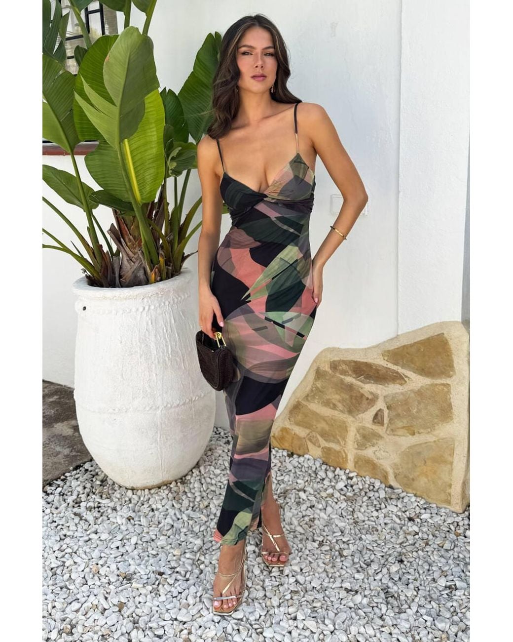 AX Paris Multicolor Multi Leaf Print Strappy Knot Detail Mesh Midi Dress