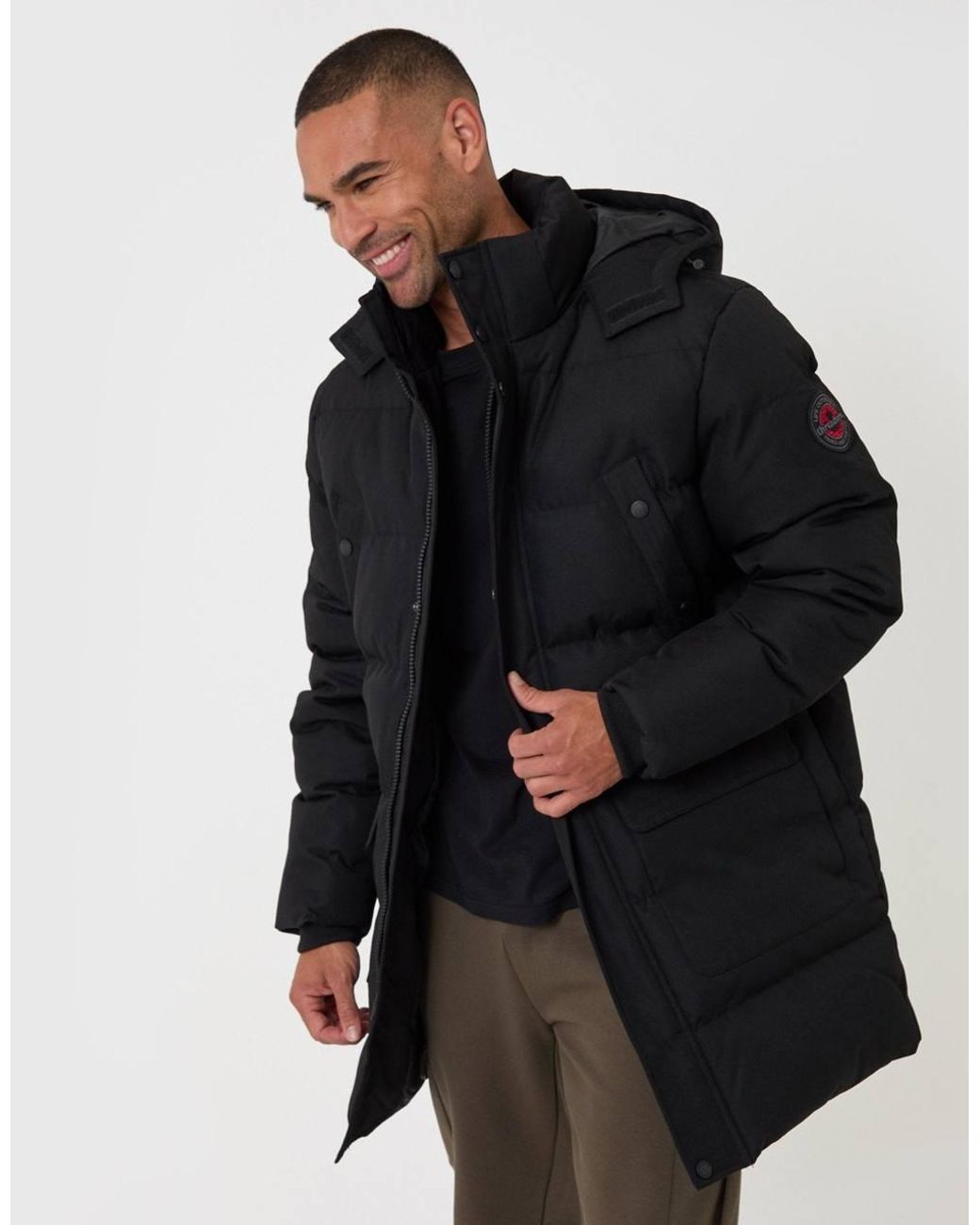 Threadbare Black Showerproof Hooded Puffer Coat With Adjustable Waist for men