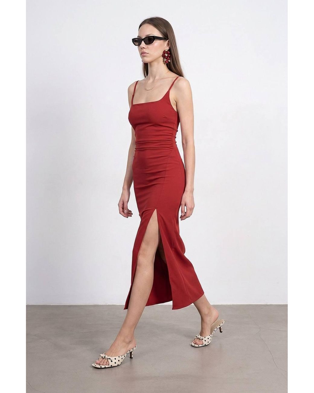 Dilvin Red Sleeveless Bodycon Midi Dress