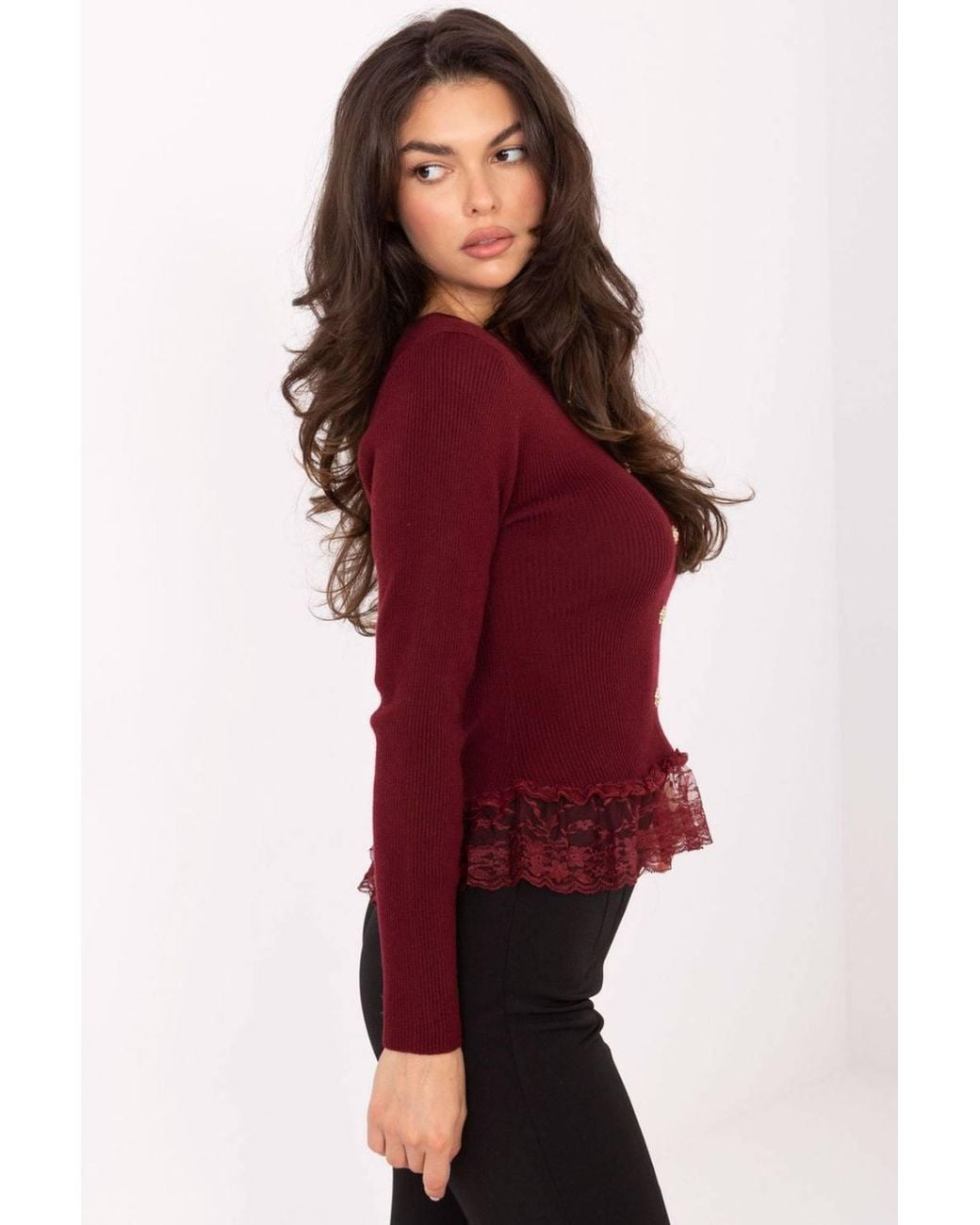 Love Lace Red Elegant Long Sleeve Sweater With Lace Hem Style 218026