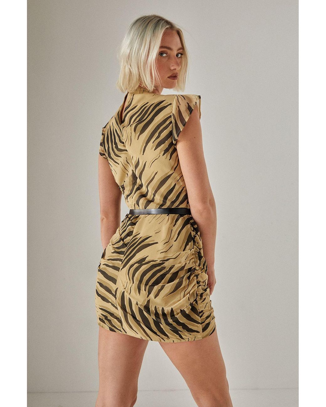 Nasty Gal Natural Tiger Chiffon High Neck Ruched Mini Dress
