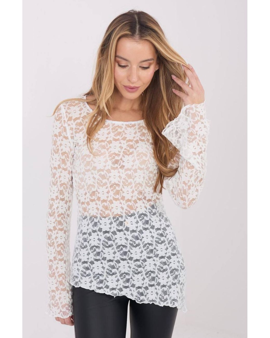 Love Lace White Elegant Lace Bell Sleeve Blouse Overhead
