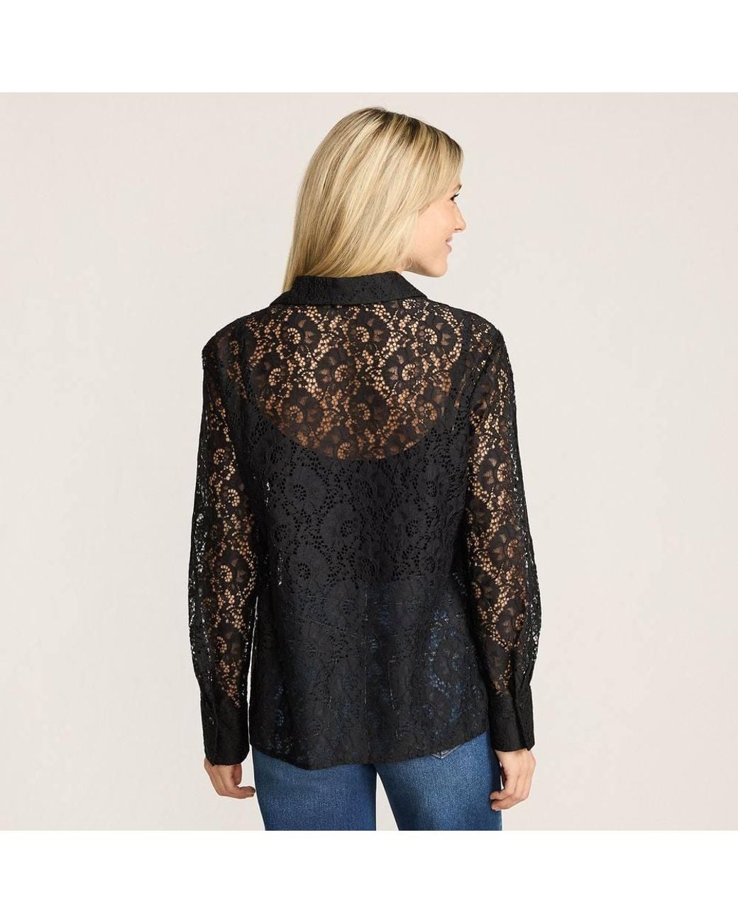 Lands' End Black Petite Lacey Long Sleeve Shirt