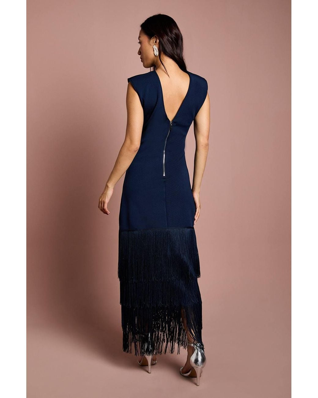 Coast Blue Bandage Knit Fringed Hem Midi Dress