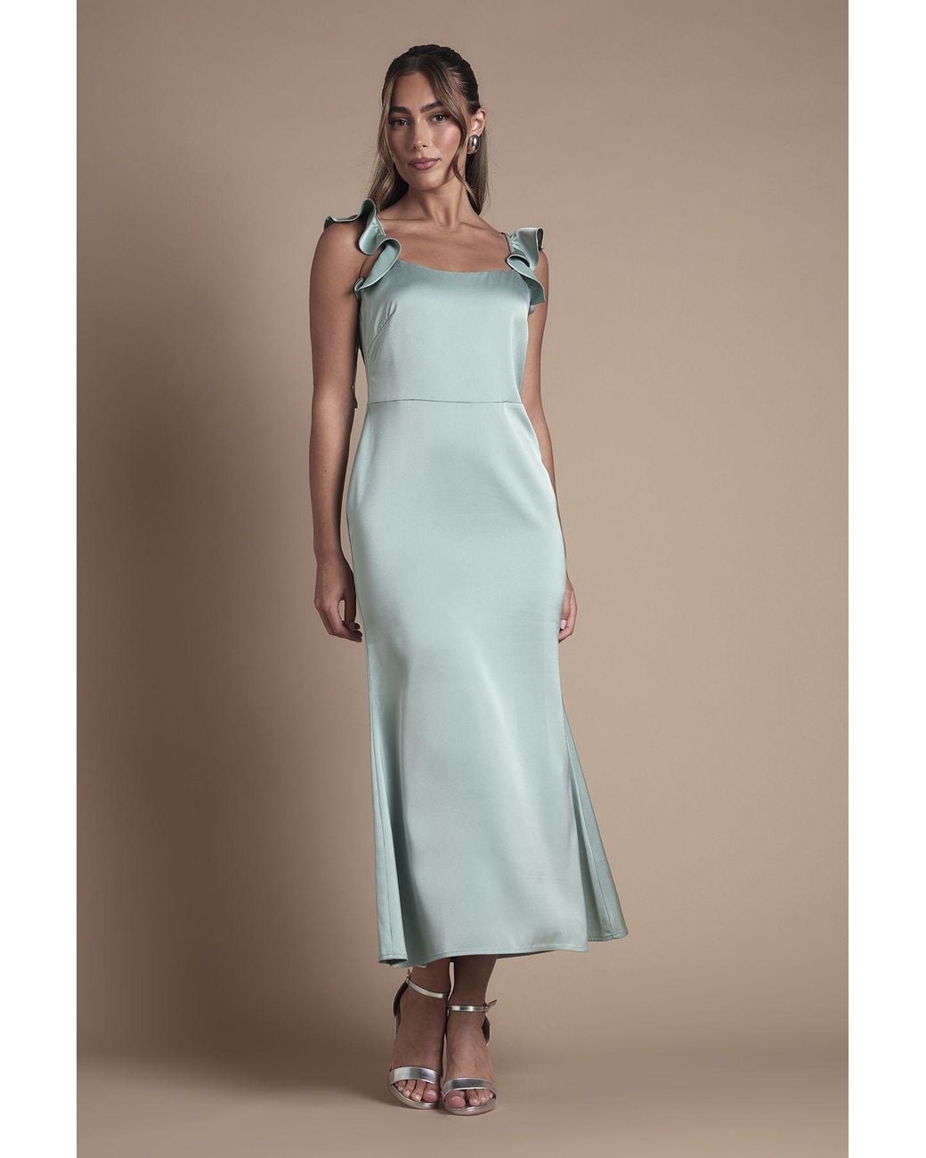 Oasis Green Ruffle Square Neck Satin Bridesmaid Midi Dress