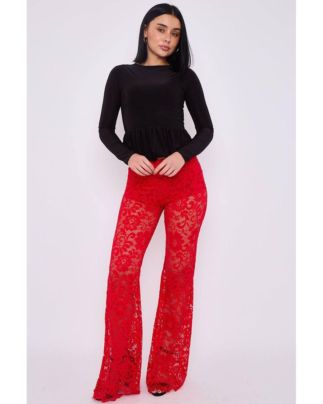 Stylewise Lace Detail High Waist Flared Trousers