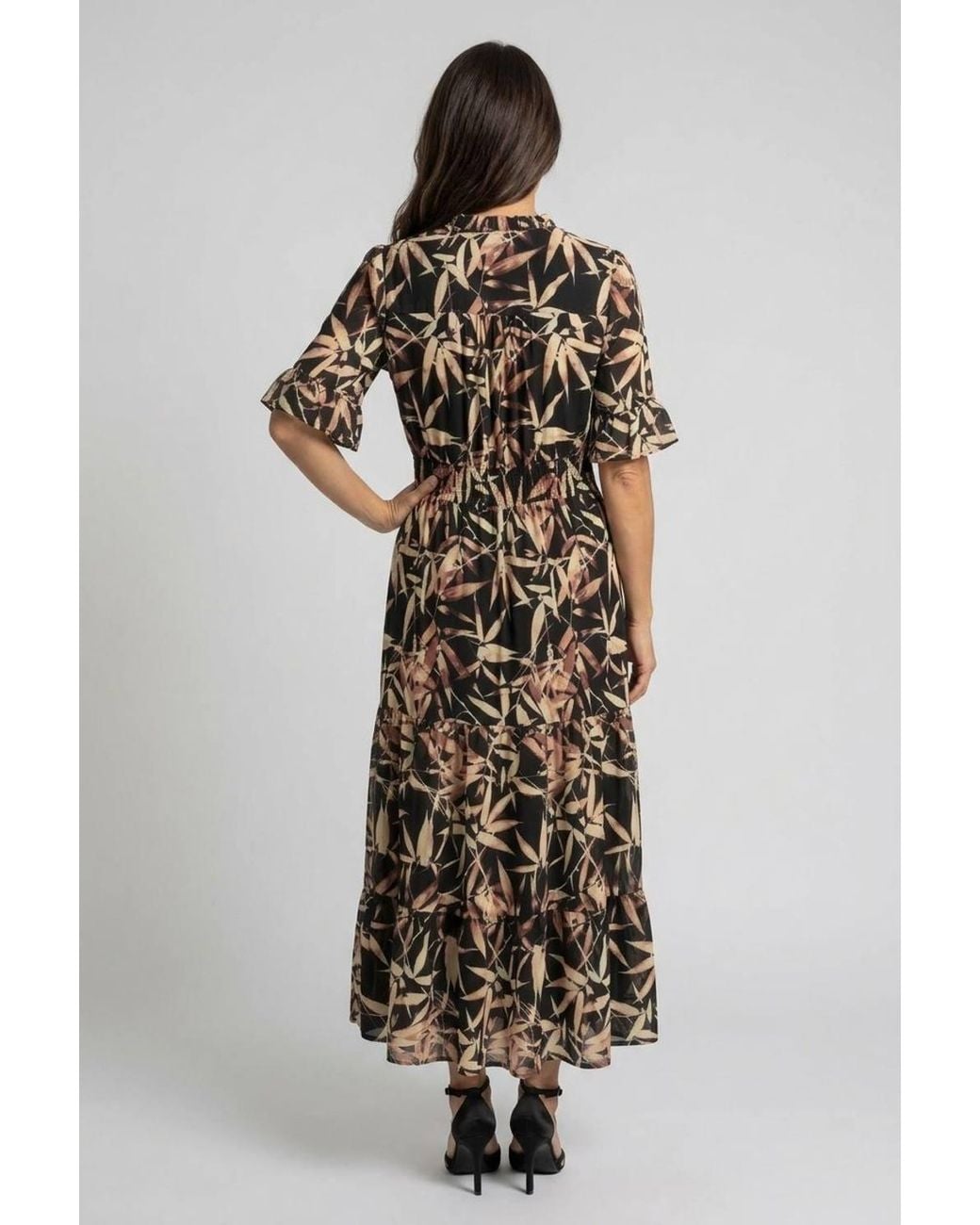 Izabel London Black Leaf Print 1/2 Flared Sleeve Midi Dress