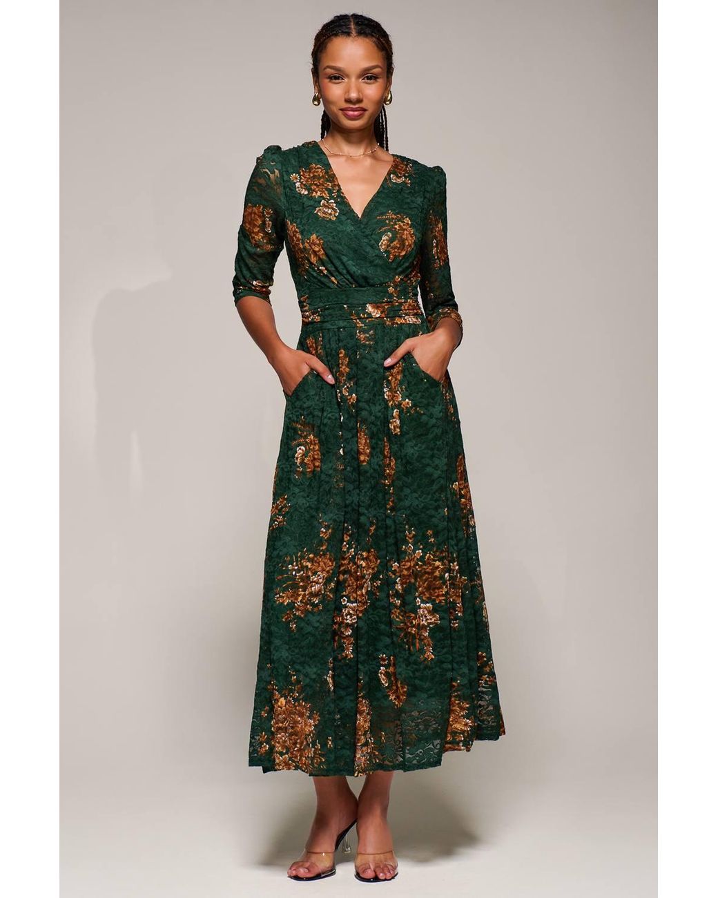 Jolie Moi Green Three Quarter Sleeve Printed Lace Maxi Dress