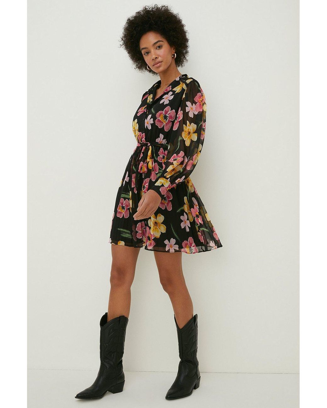 Oasis Floral Chiffon Pleated Long Sleeve Skater Dress in Natural