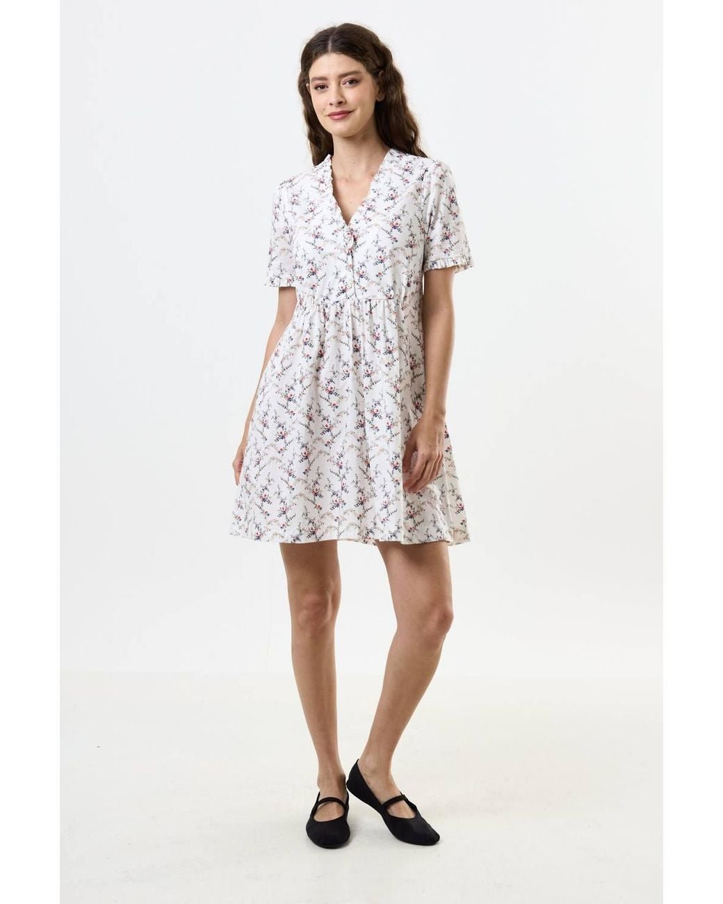 Louche White Cosima Regency Print Frill V-Neck Mini Dress
