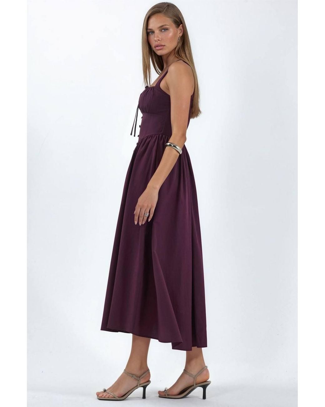 Busem Purple Midi Dress With Square Collar & Button Detail