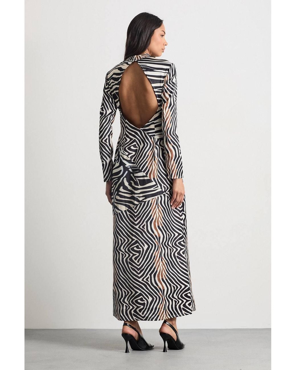 Warehouse Gray Zebra Printed Satin Panelled Maxi Dress