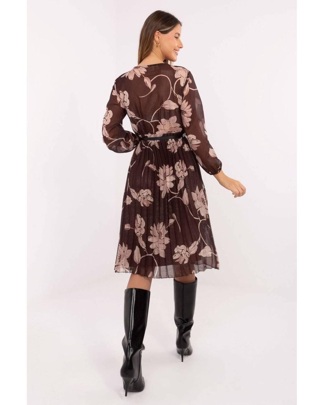Love Lace Multicolor Viscose Long Sleeve Midi Dress With Pleats