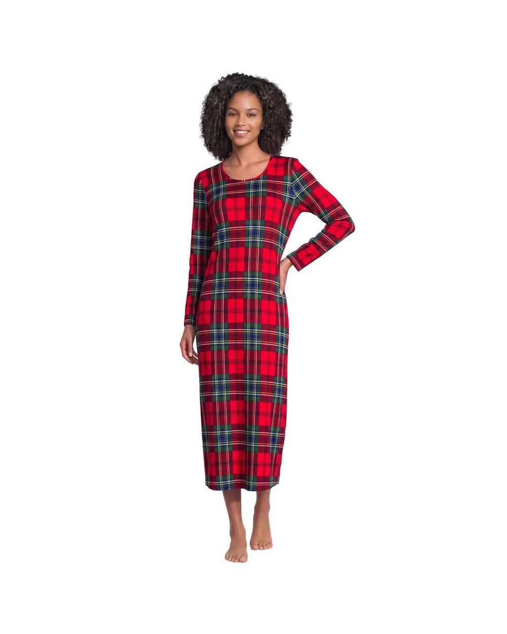 Lands' End Red Long Sleeve Mid Calf, Pure Cotton Nightdress