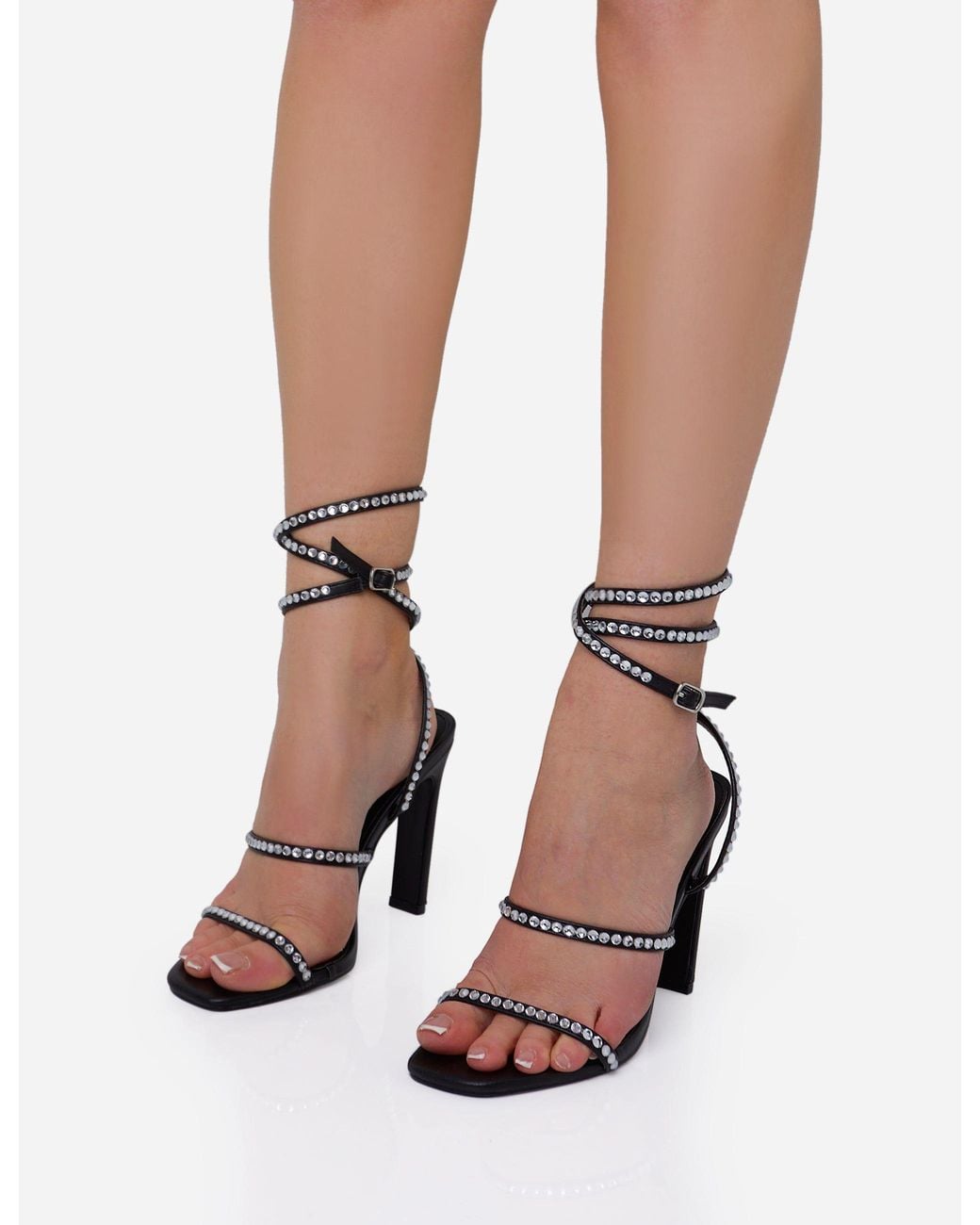 Public Desire Pink Ultra Chic Diamante Strappy Square Toe Slim Block Illusion Heel