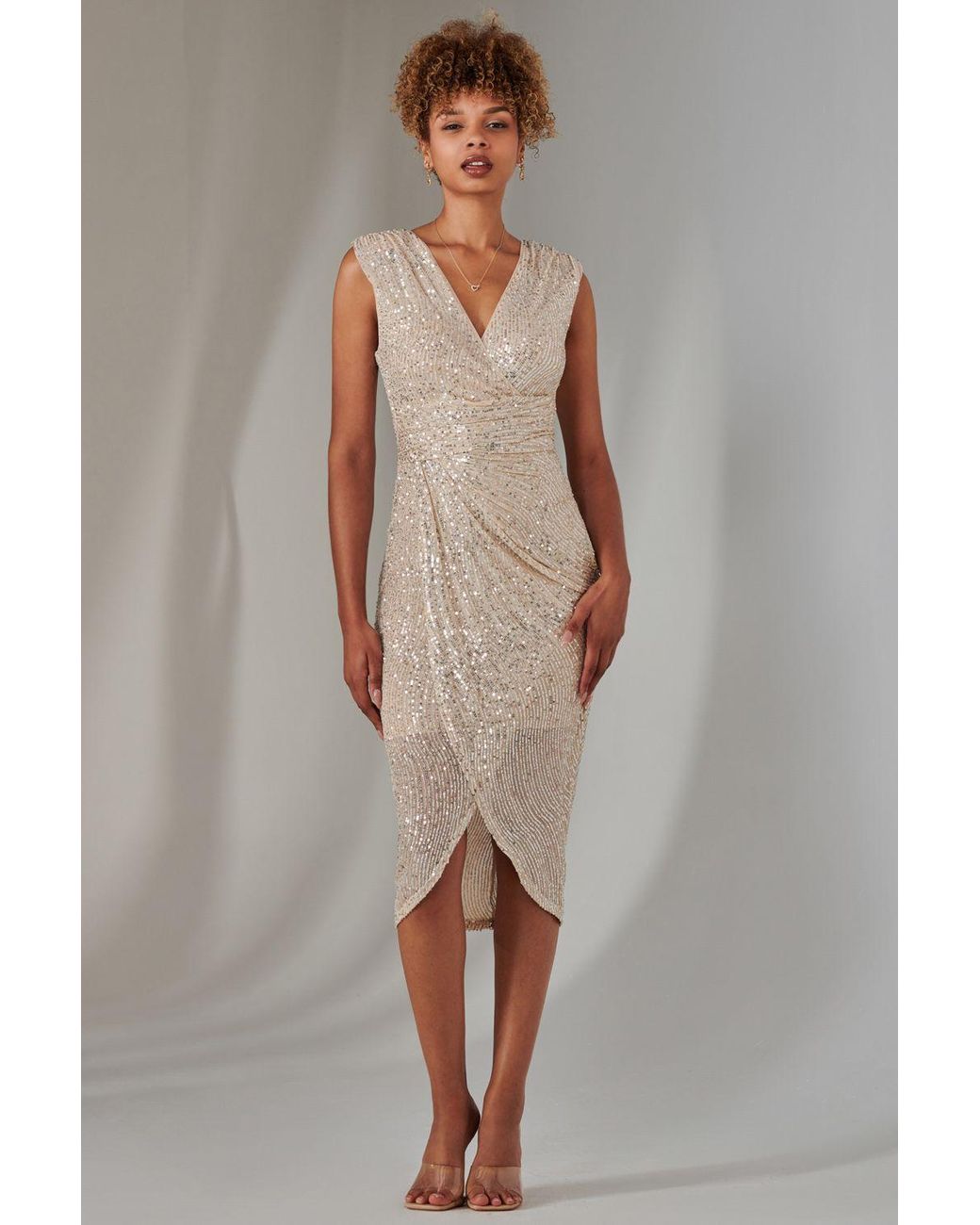 Jolie Moi Natural Aisla Ruched Sequin Bodycon Dress