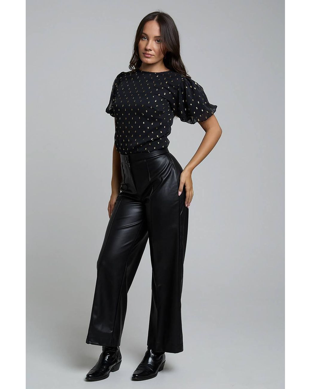 Influence Black Polka-Dot Short Puff Sleeve Round Neck Bodysuit