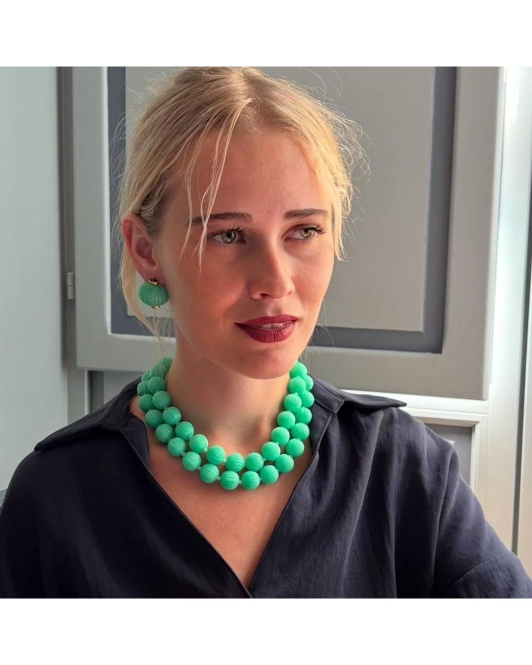 Michael Nash Jewelry Blue Vicenza Jade Carved Seventeen & One Half Inches Melon Bead Necklace