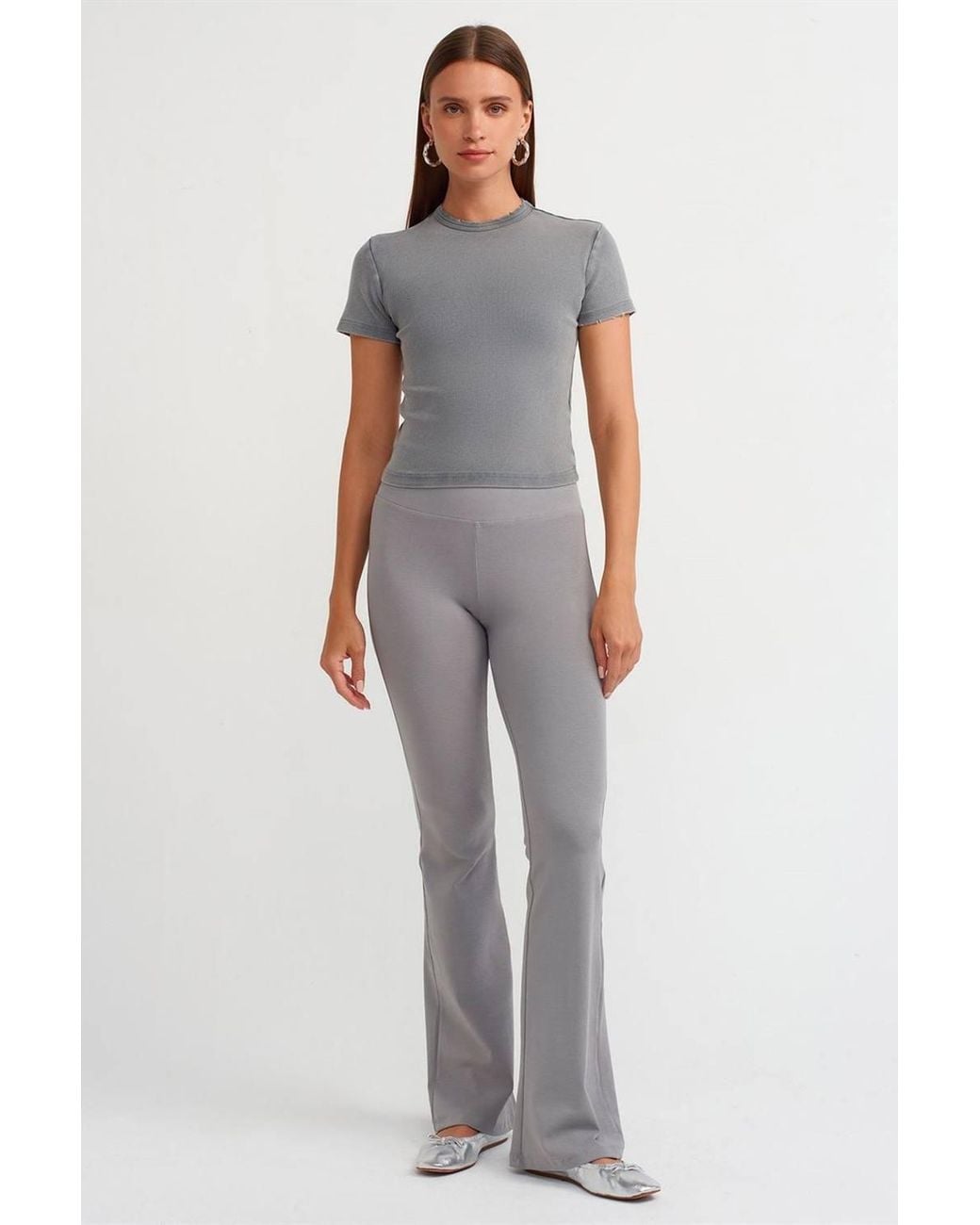 Dilvin White High-Waist Ribbed Flare Pants