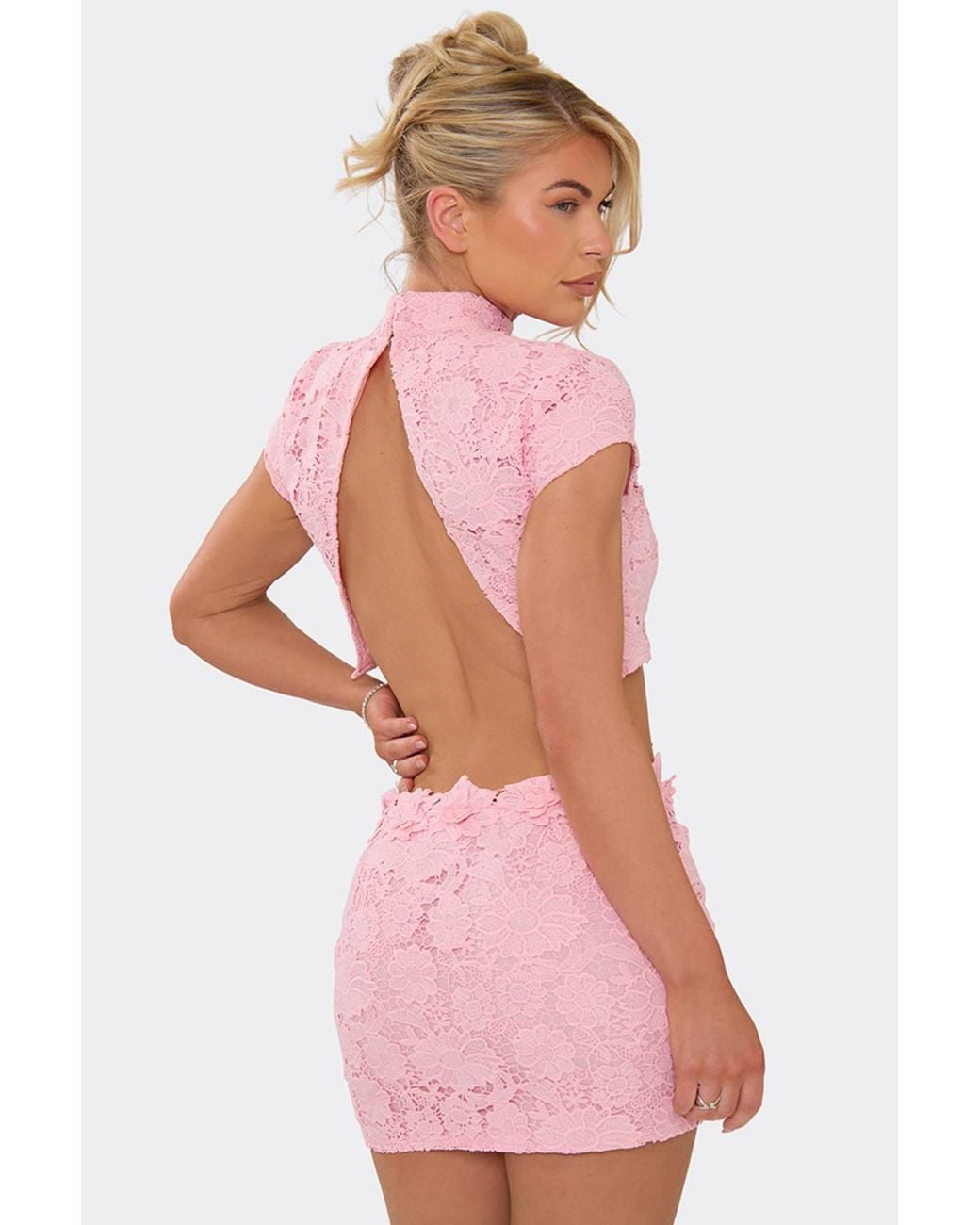 EGO Pink Cap Sleeve High Neck Floral Textured Top