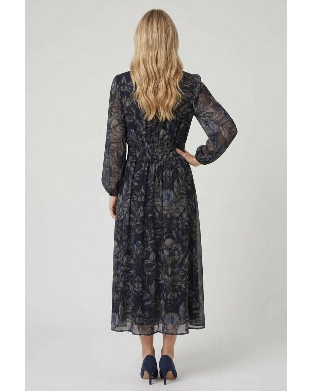 Izabel London Black Floral Layered Long Sleeve Midi Dress