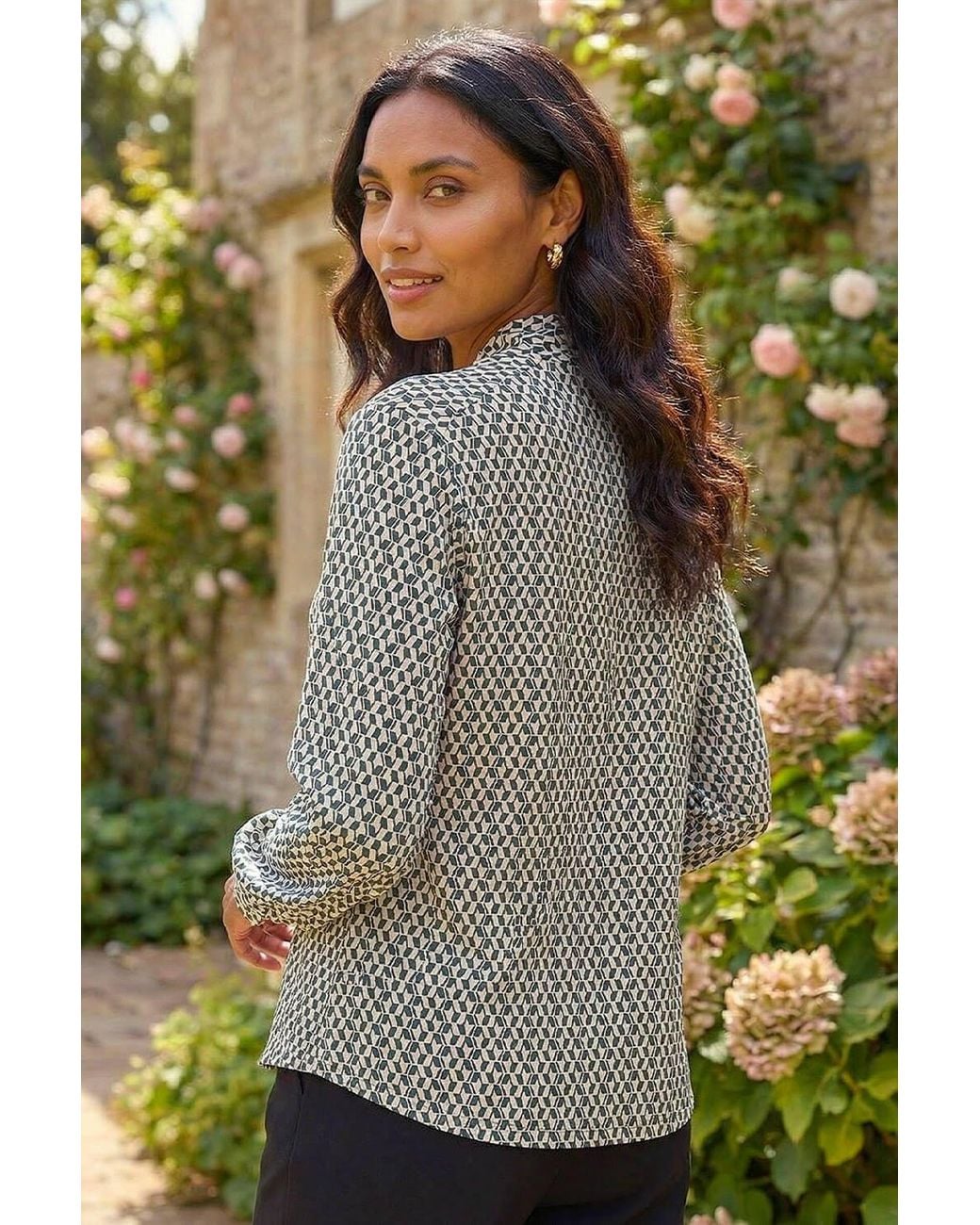 Roman Gray Geo Print Tie Front Tunic Top