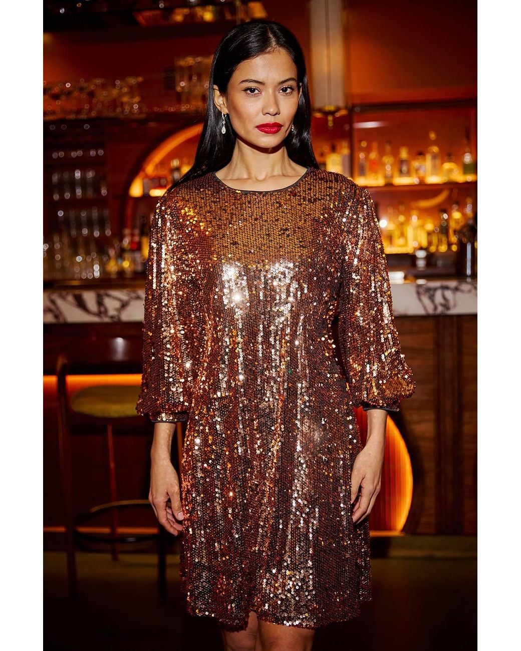Yumi' Orange Sequin Tunic Dress With Balloon Sleeves