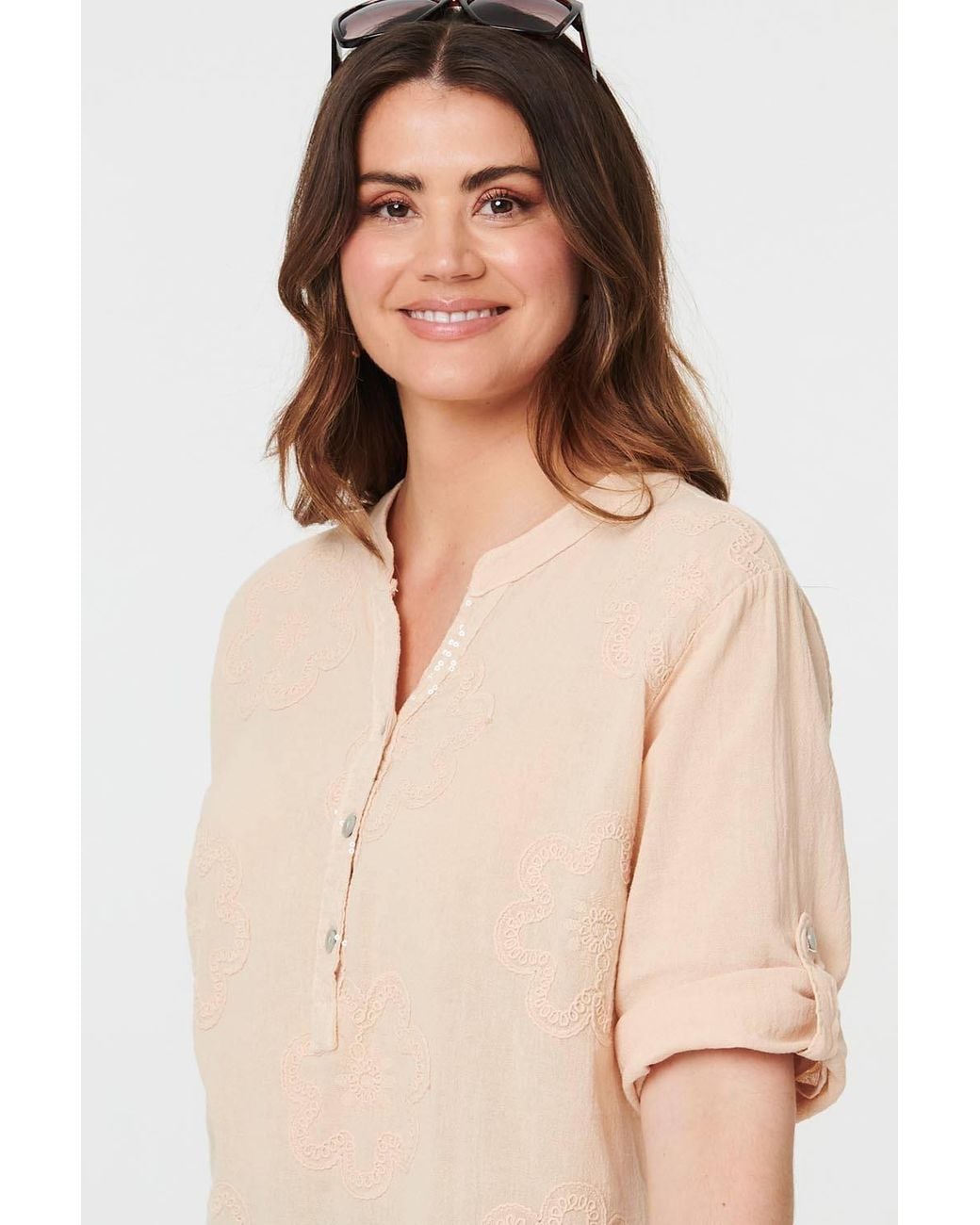Izabel London Natural Floral 3/4 Sleeve Embroidered Blouse