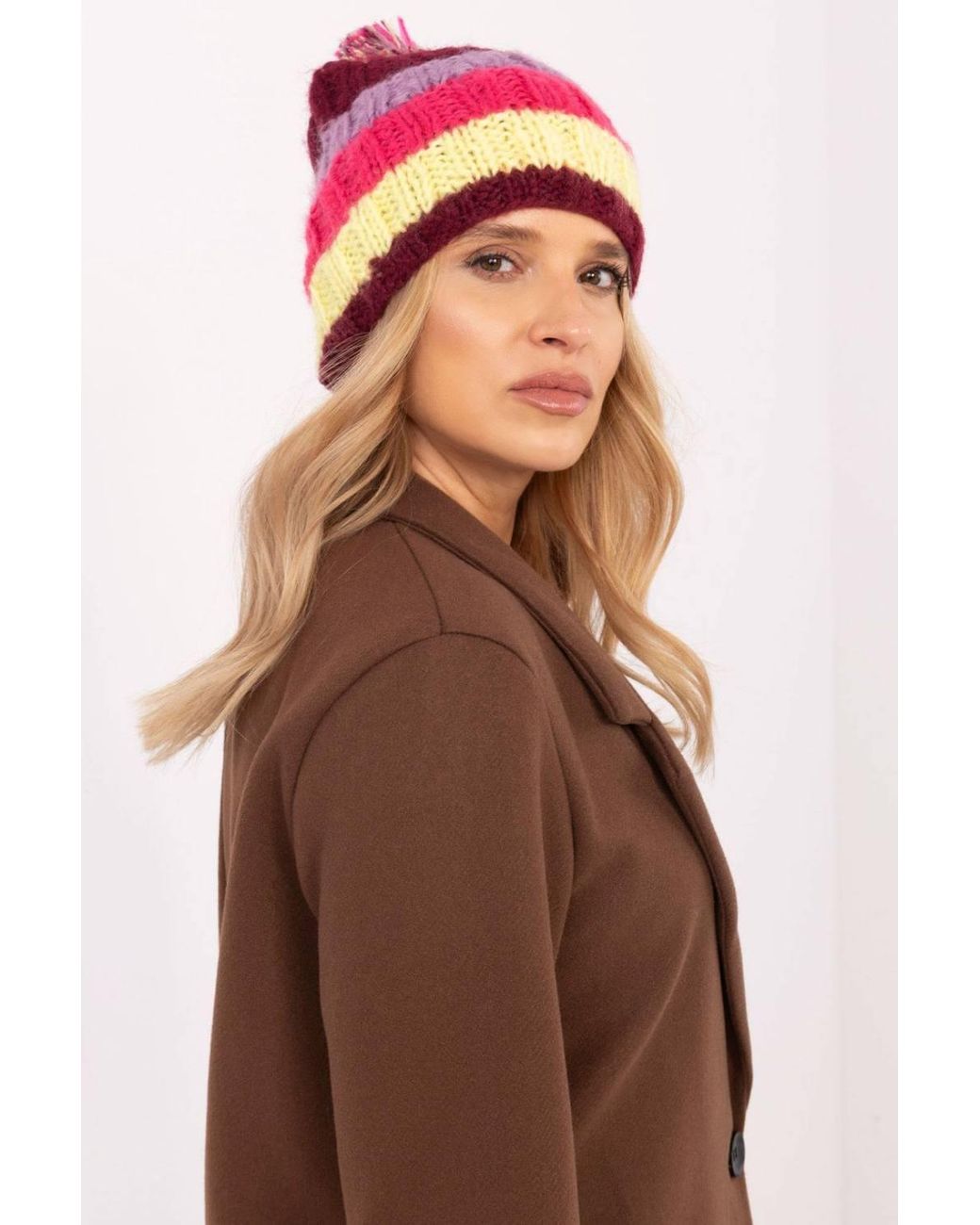 Love Lace Brown Striped Winter Hat With Fluffy Pom Pom Soft Warm Elastic Fit
