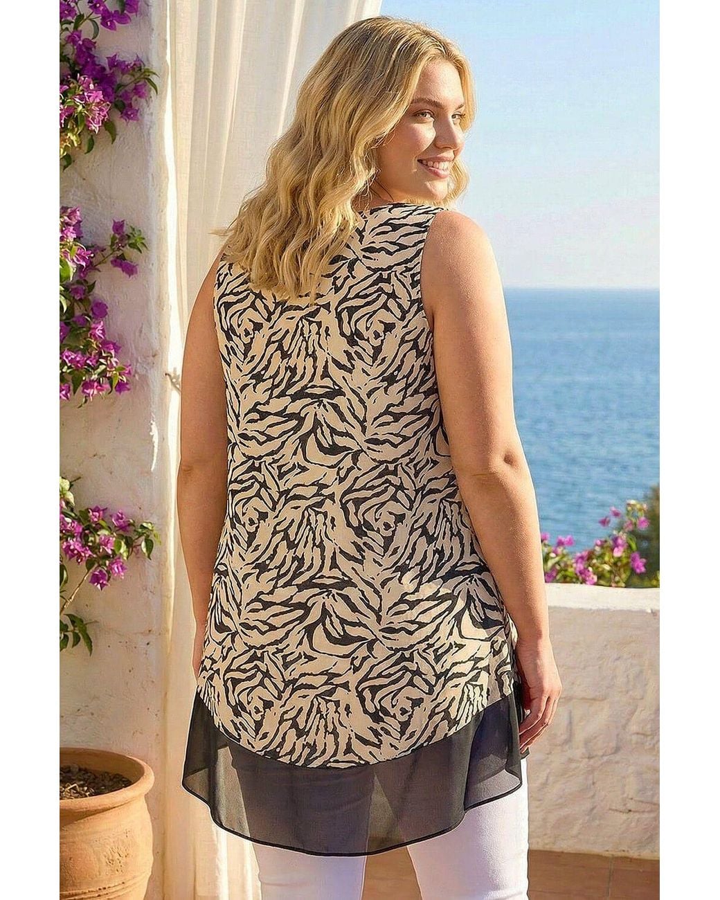 Roman Brown Curve Animal Print Chiffon Hem Vest Top