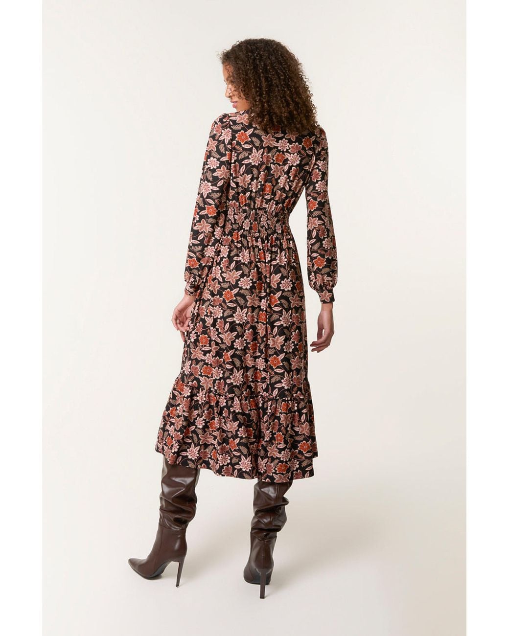 Blue Vanilla Natural Shirred Waist Long Sleeve Button Up Collar Midi Dress