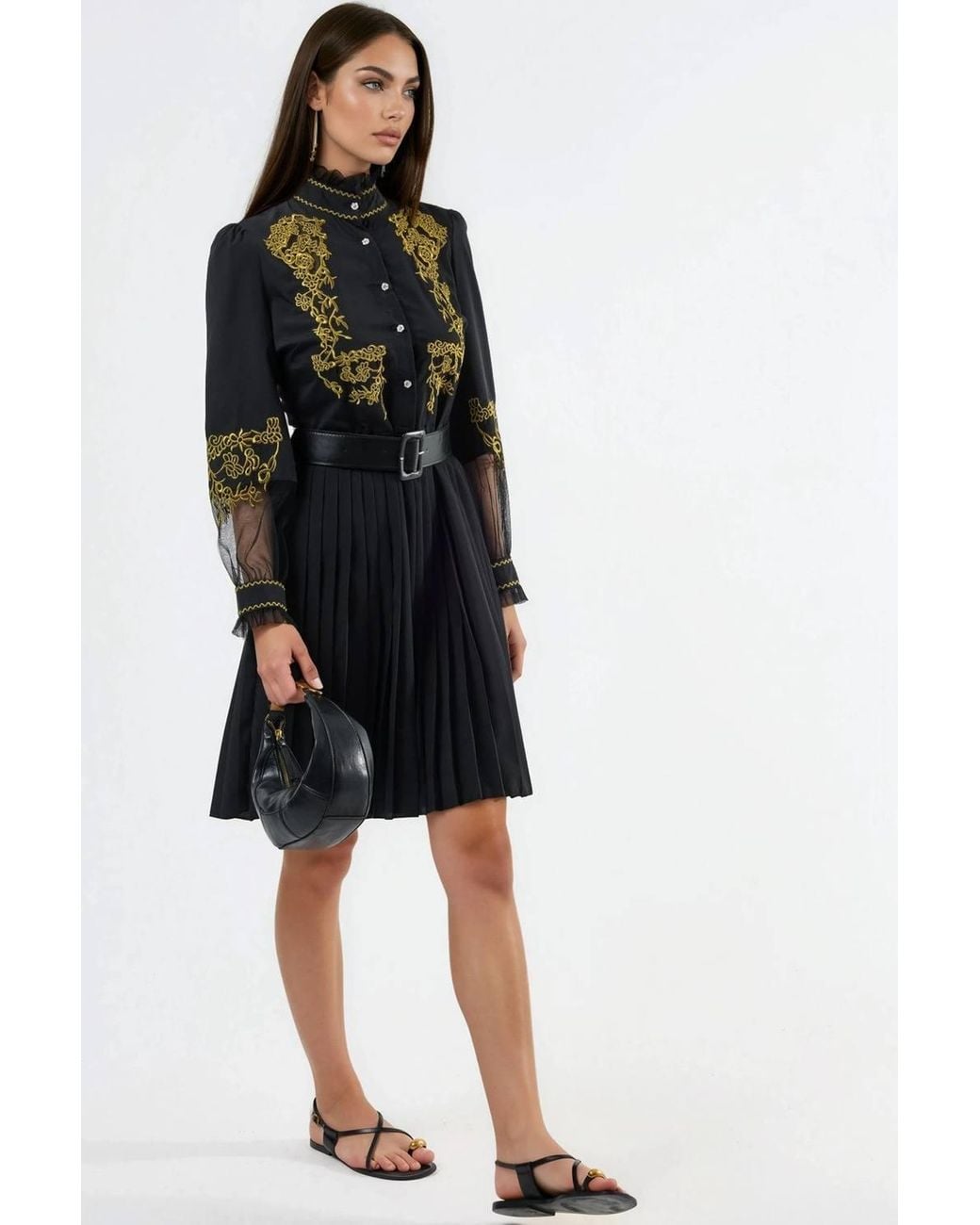 Msn-Collection Black Embroidered Mandarin Collar Mini Dress