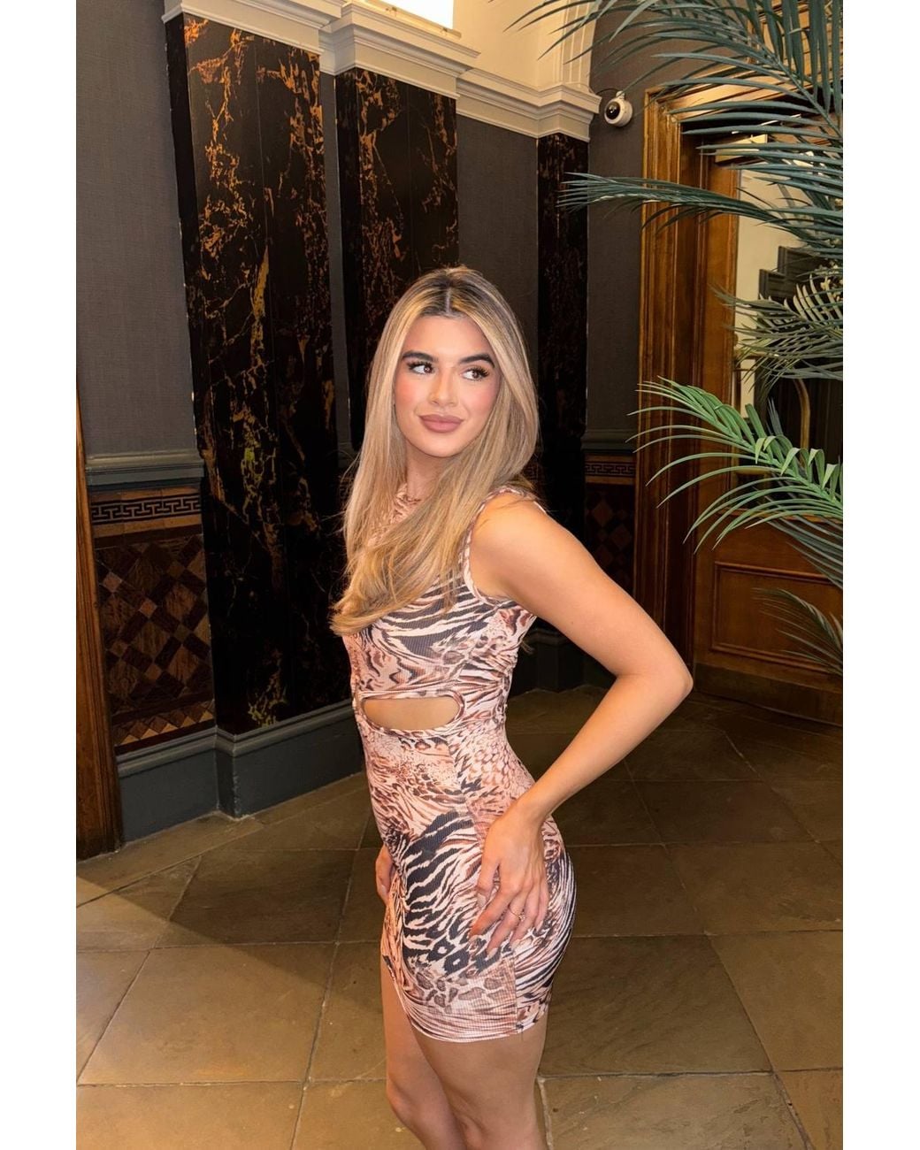 Femme Luxe Brown Leopard Ribbed Marble Print Cut Out Detail Mini Dress
