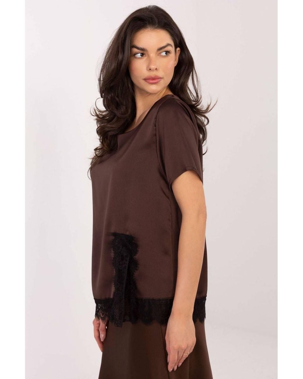 Love Lace Brown Elegant Lace Trim Polyester Elastane Blouse
