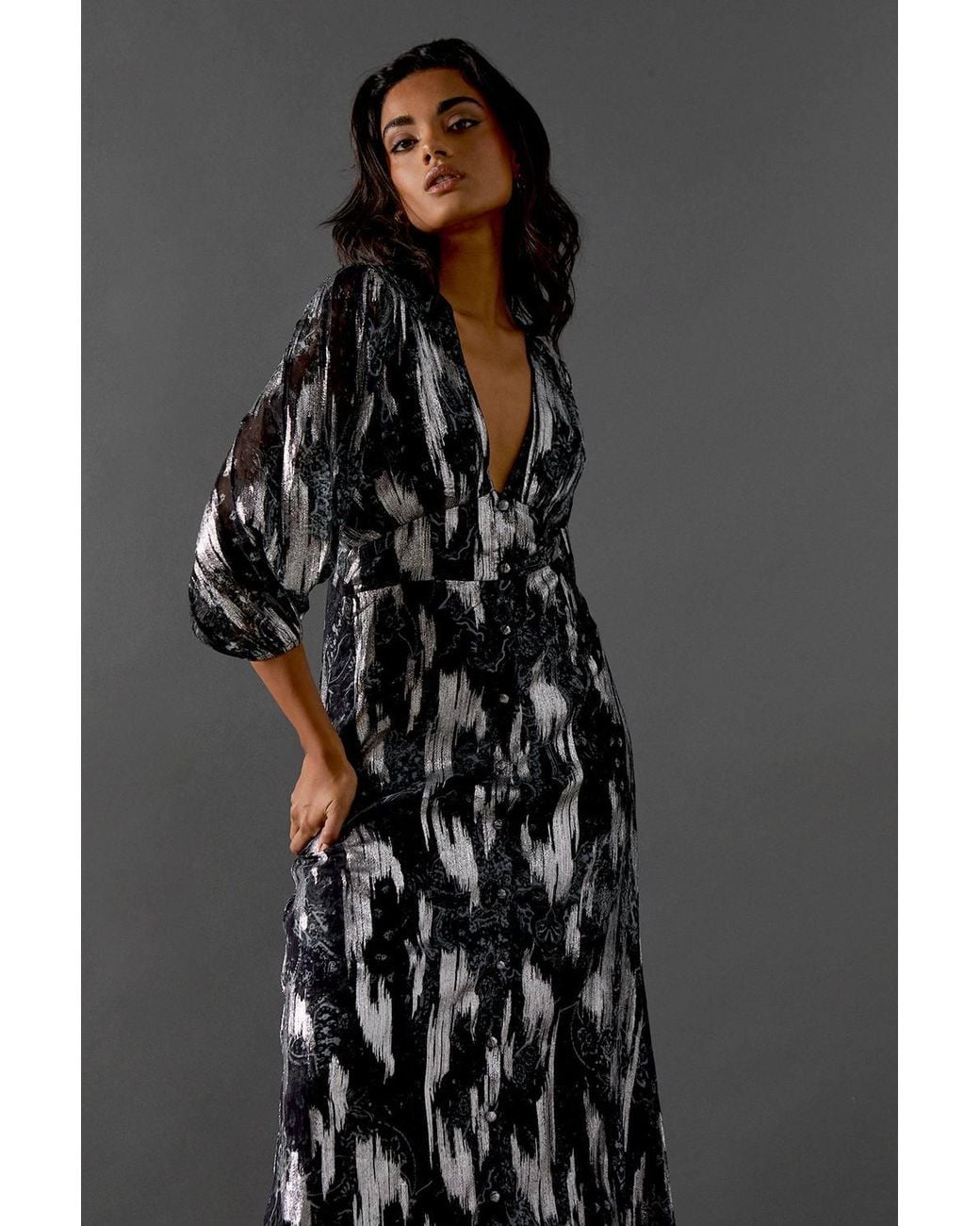 Warehouse Black Metallic Paisley Jacquard Plunge Neck Button Through Midi Dress