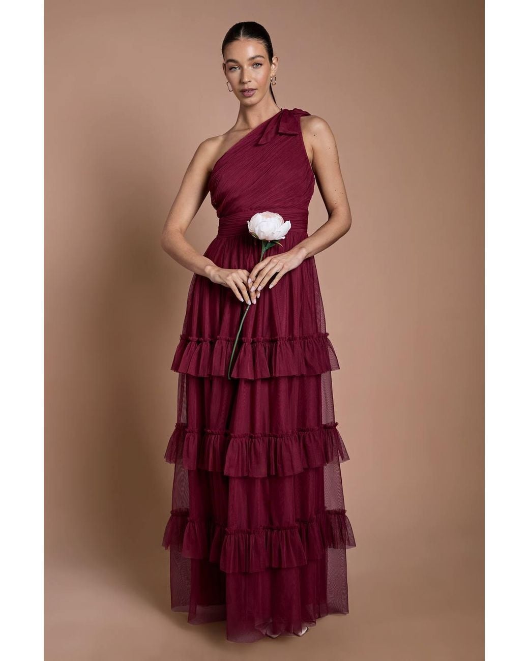 Oasis Pleated Mesh One Shoulder Tiered Maxi Bridesmaid Maxi Dress