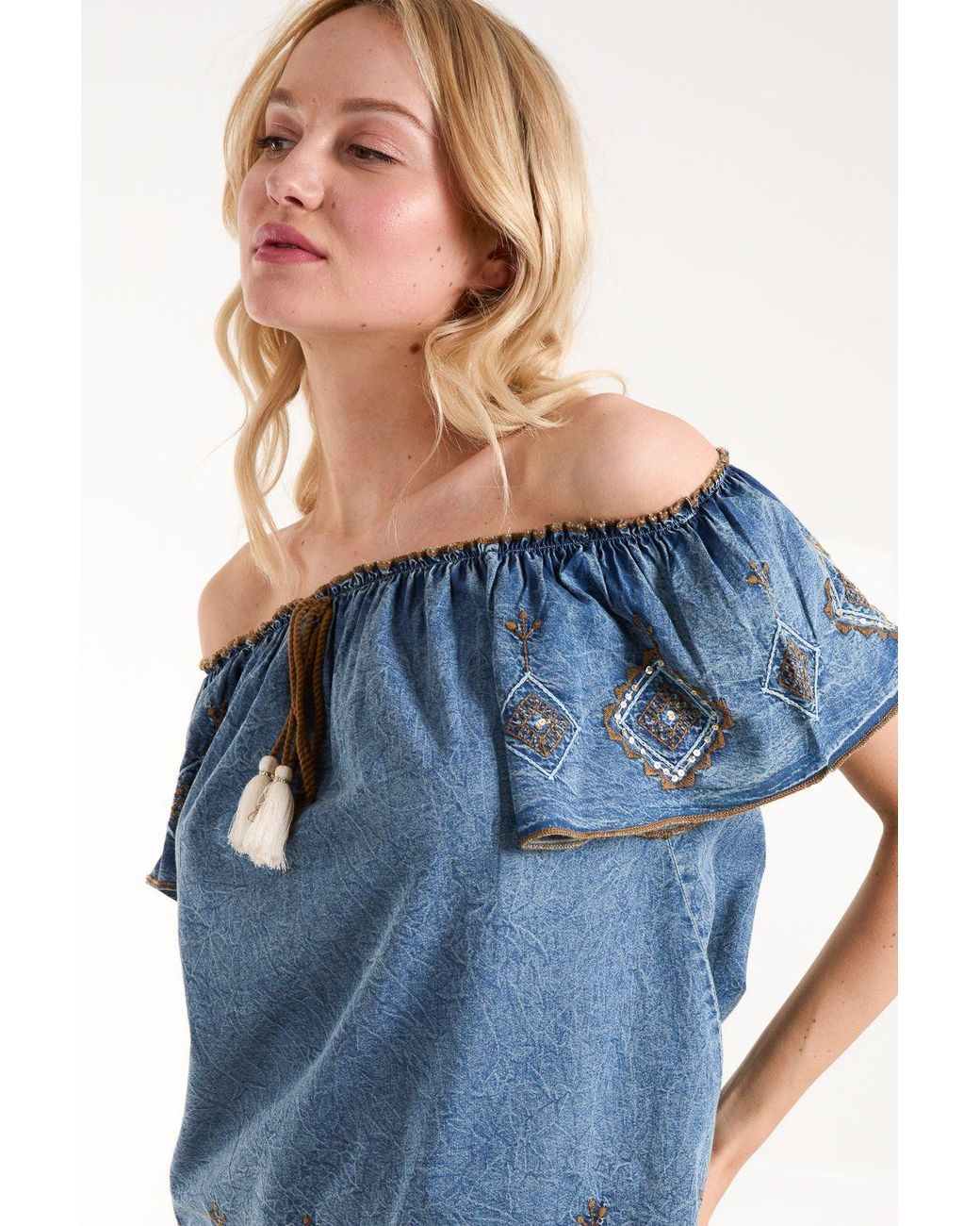 Blue Vanilla Blue Denim Embroidered Bardot Top