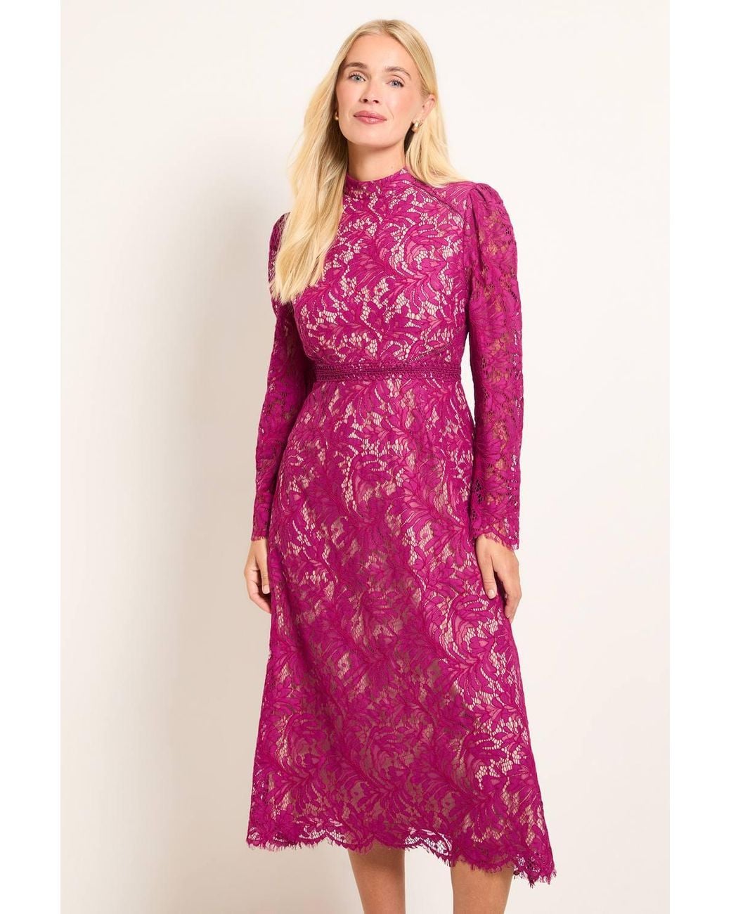 Wallis Pink Petite Lace Trim Fit & Flare Midi Dress