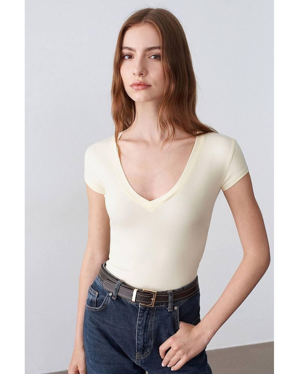Dilvin Brown Slim Fit V-Neck Jersey Blouse