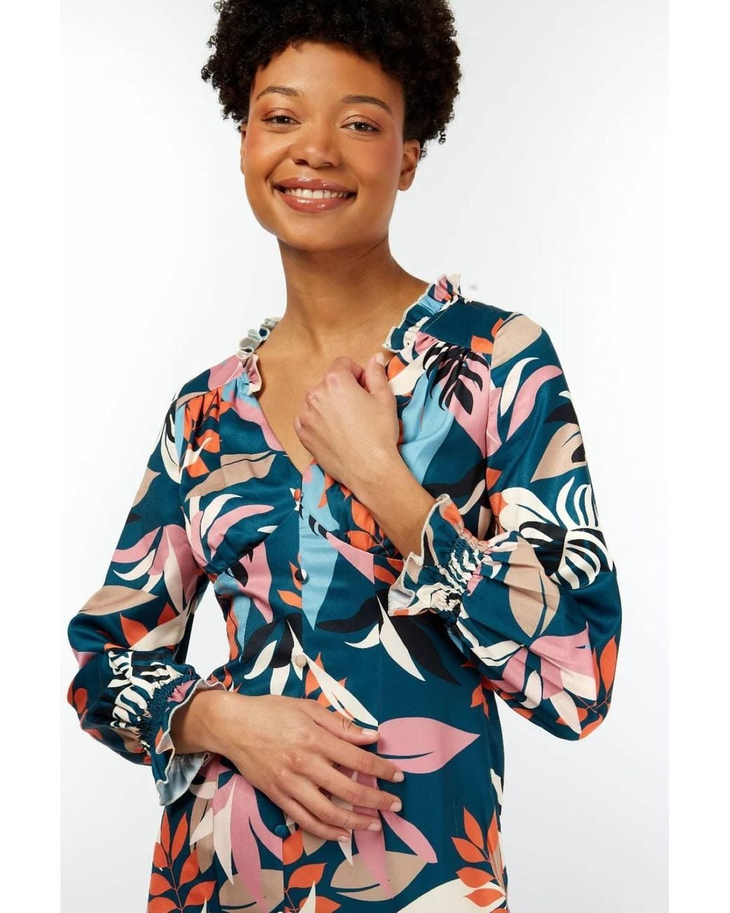 Little Mistress Blue Barcelona Leaf Print Satin Frill Maxi Dress