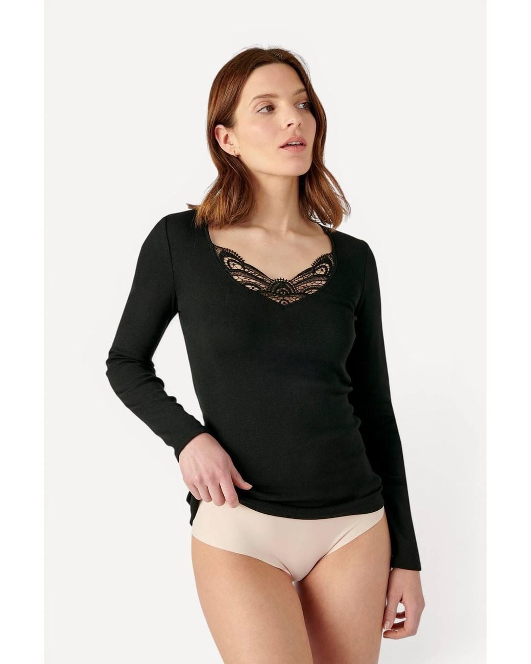 DAMART Black Thermal Medium Warmth V-Neck Lace Trim Long-Sleeved T-Shirt